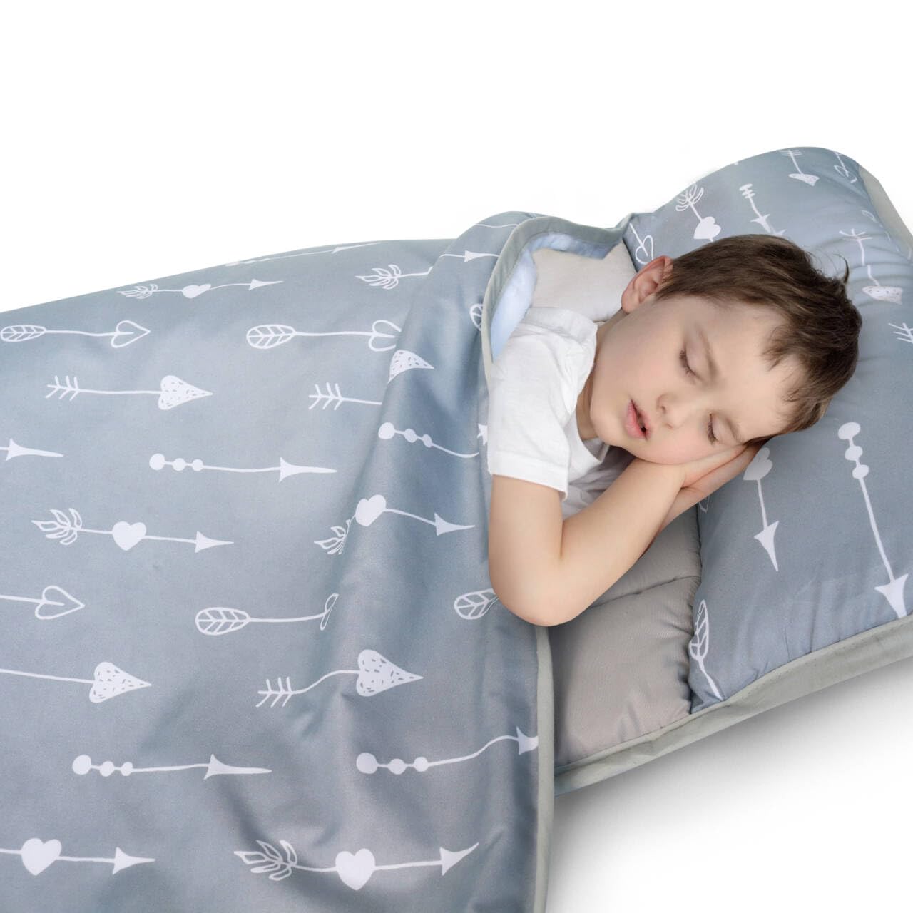 Biloban nap mat grey arrow folded for easy daycare travel.