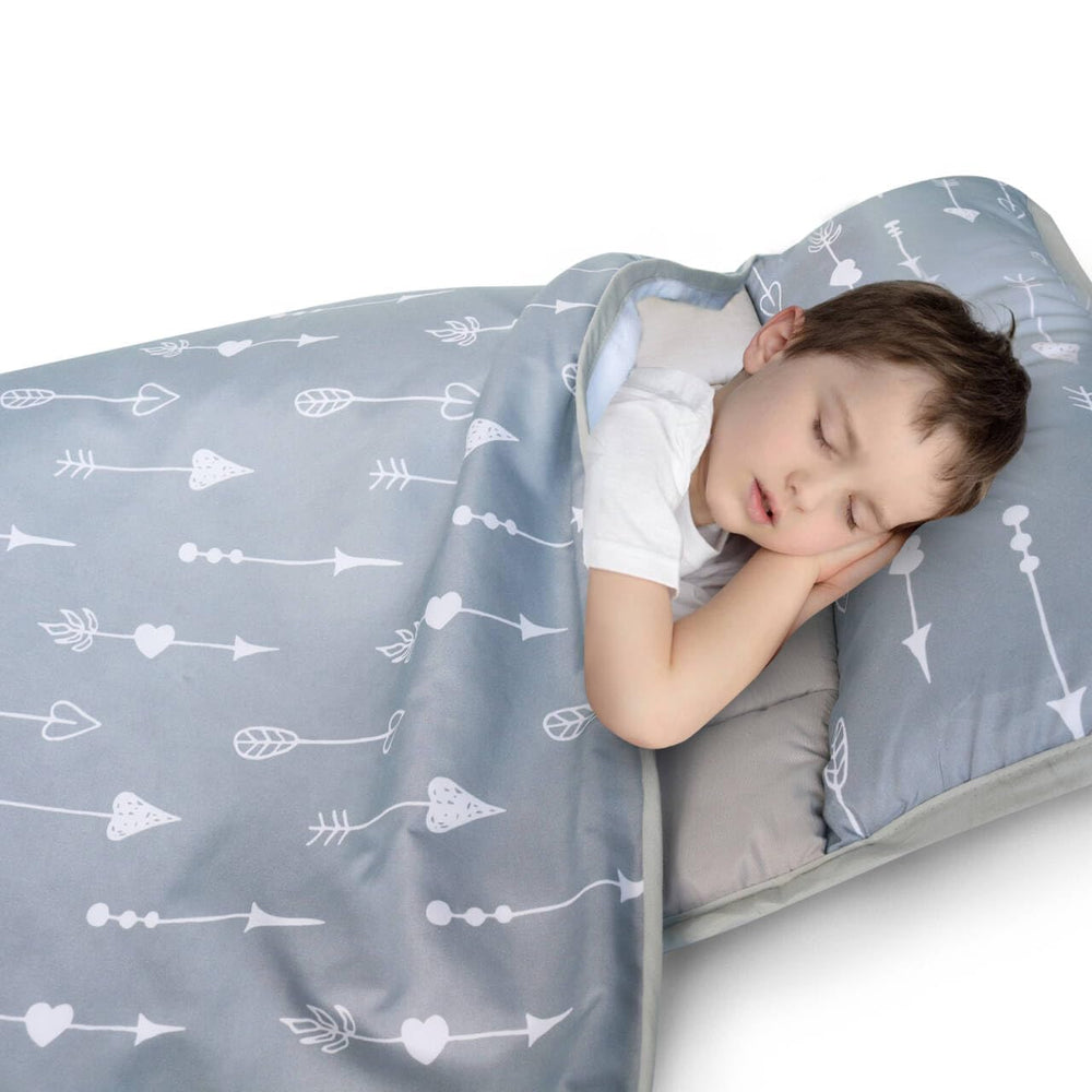 Biloban nap mat grey arrow folded for easy daycare travel.