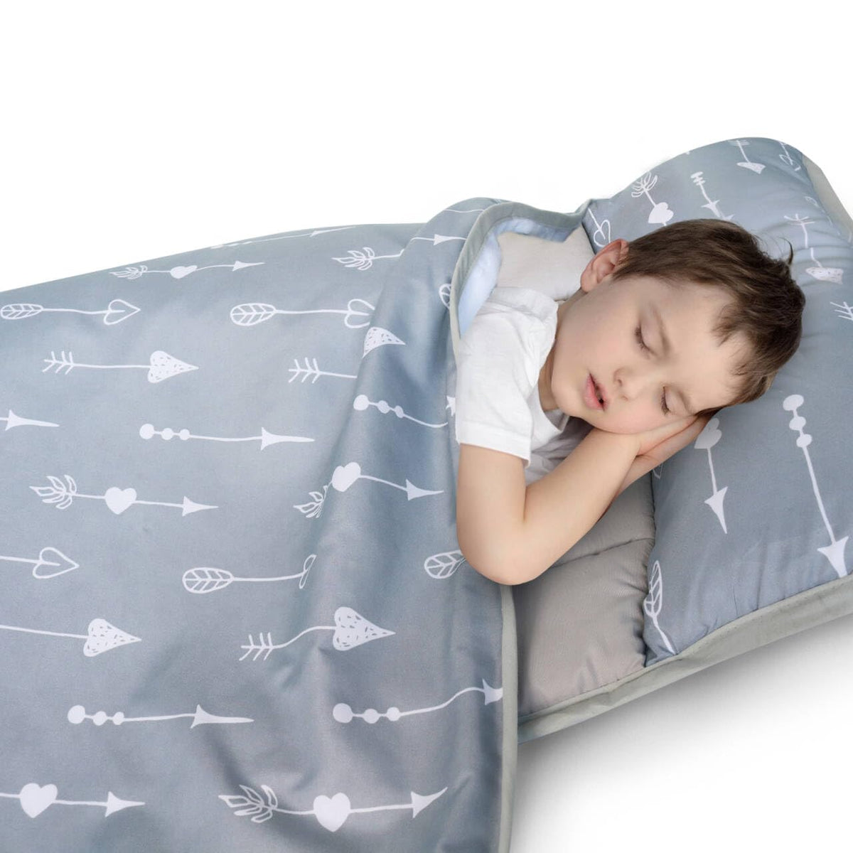 Biloban nap mat grey arrow folded for easy daycare travel.