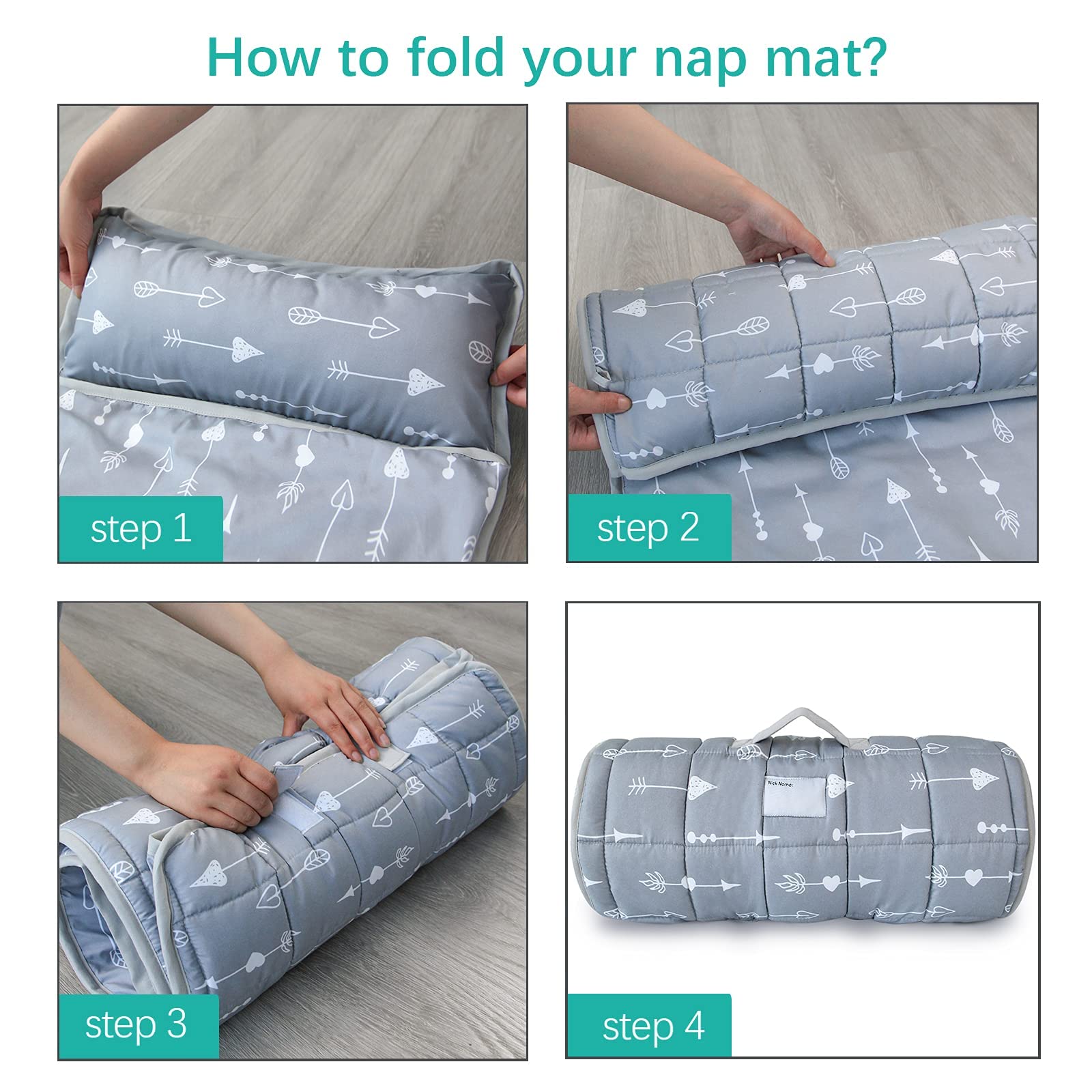 Biloban nap mat grey arrow full setup shows cozy nap space for preschool.