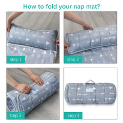 Biloban nap mat grey arrow full setup shows cozy nap space for preschool.