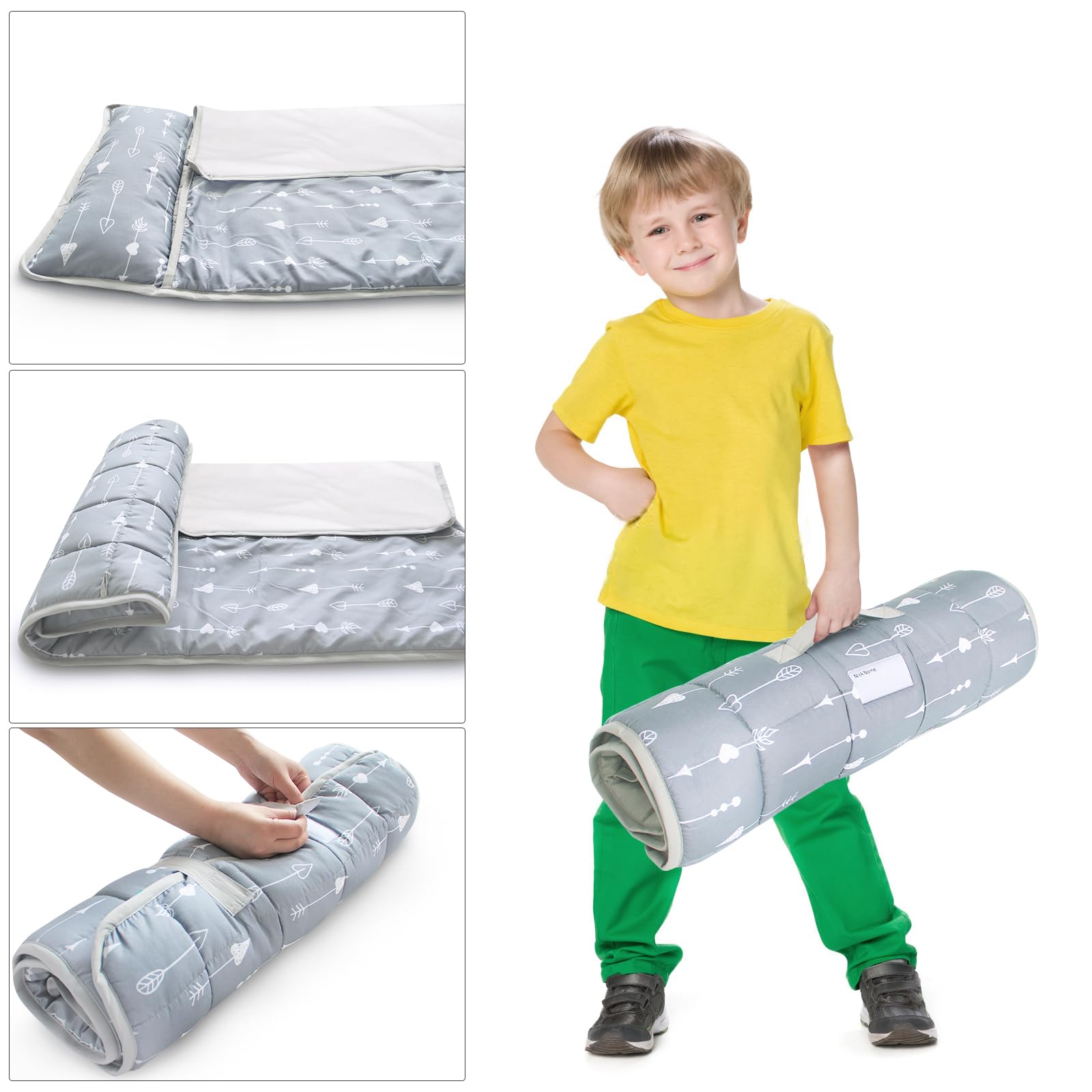 Biloban nap mat arrow grey features a portable roll-up design with handle.