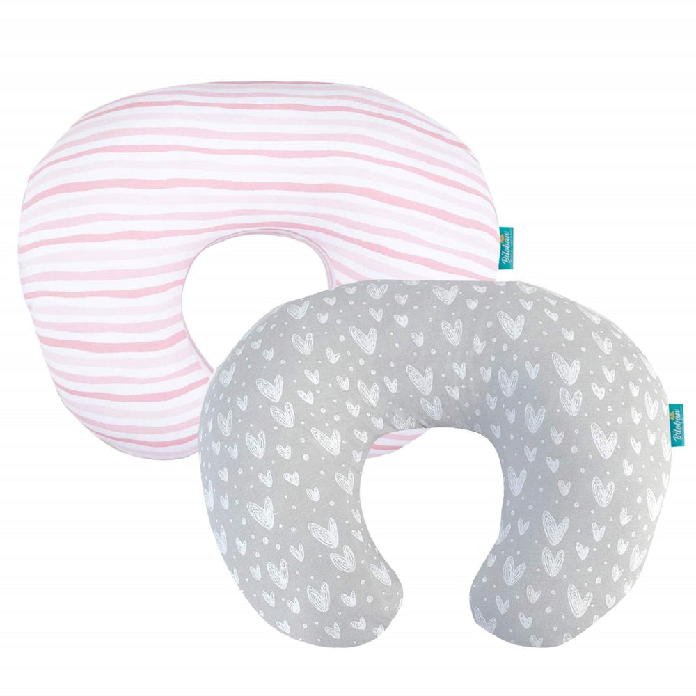 Biloban nursing pillow cover pink and gray pattern provides soft, skin-friendly comfort for feeding sessions.