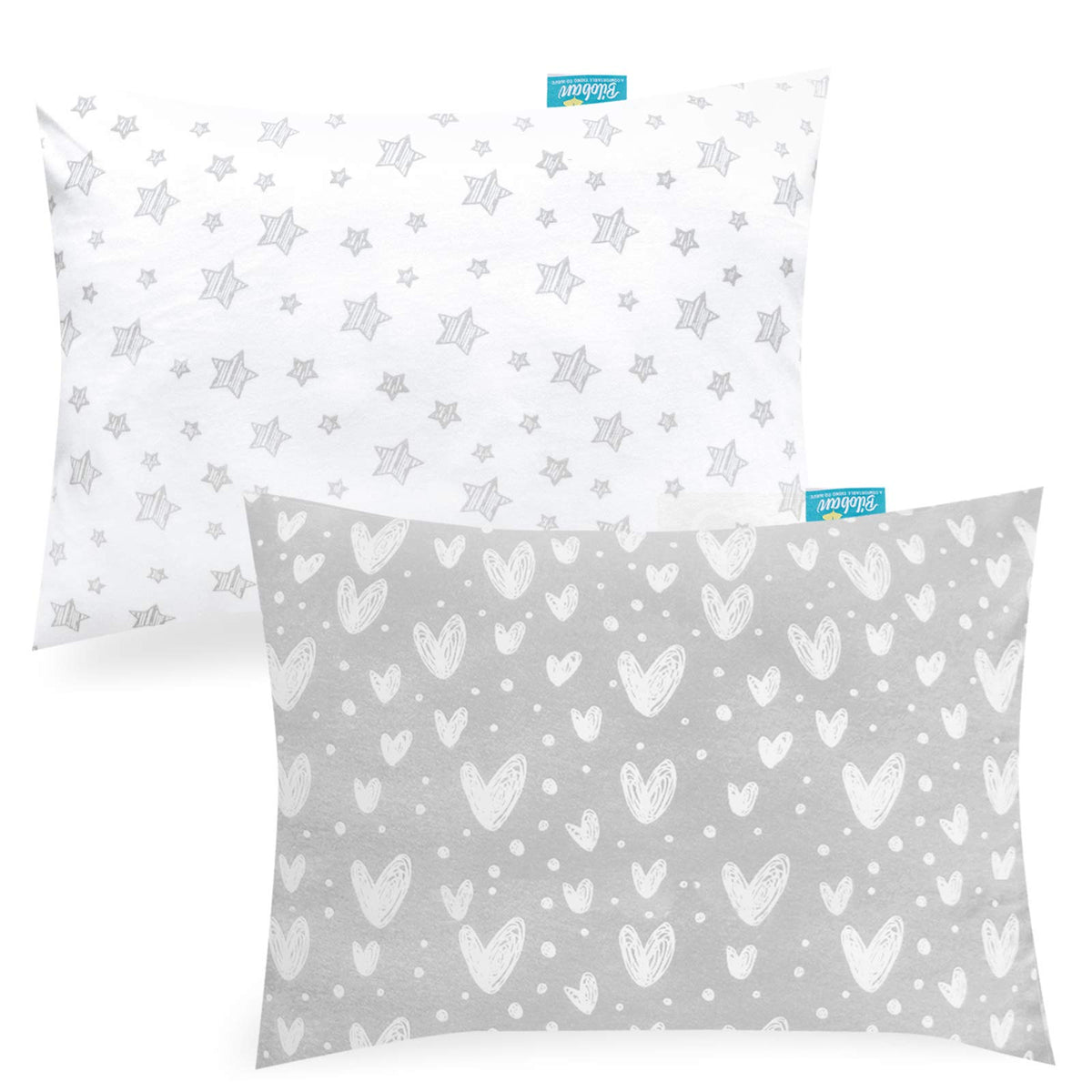 Biloban organic cotton toddler pillowcase with gray heart, gentle on sensitive skin.