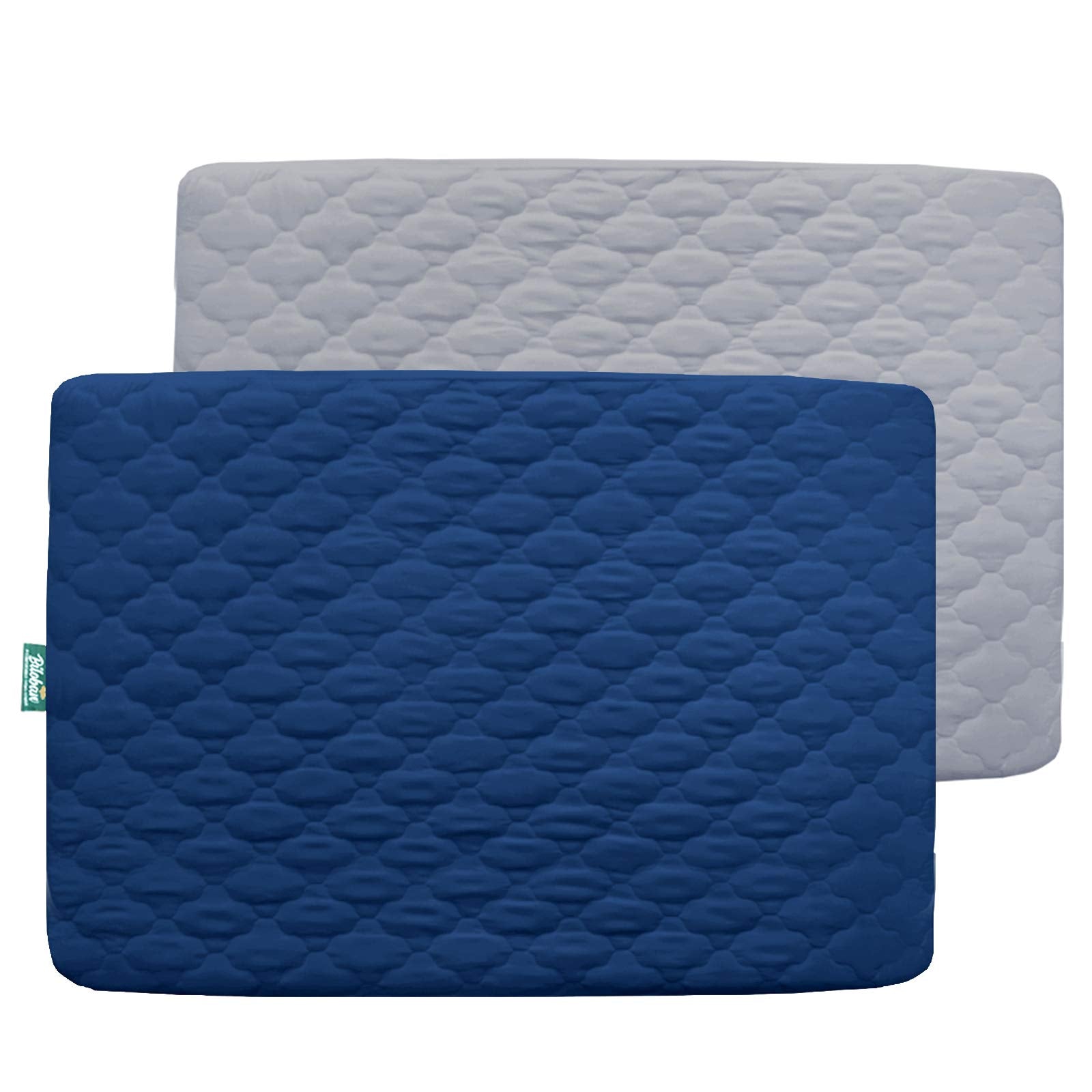 Biloban pack-and-play mattress pad gray-navy front view highlights soft quilted comfort for baby naps.