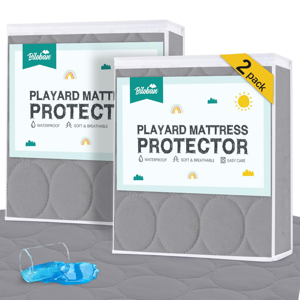 Biloban pack and play mattress protector top view in grey protects against spills and stains.