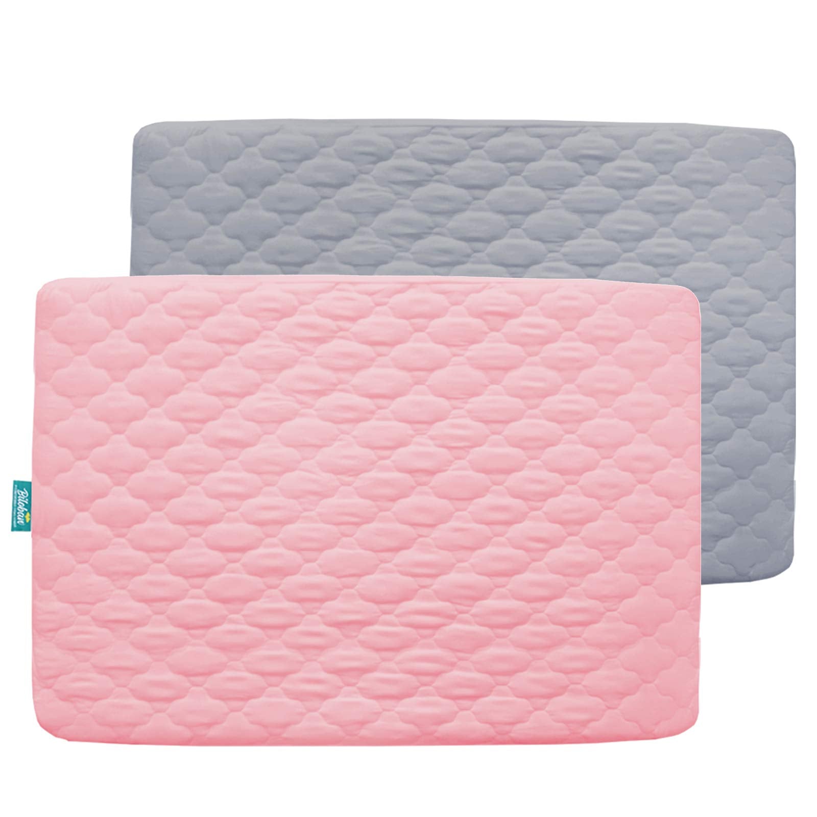 Biloban pack and play mattress protector gray-pink cover provides baby comfort during naps.