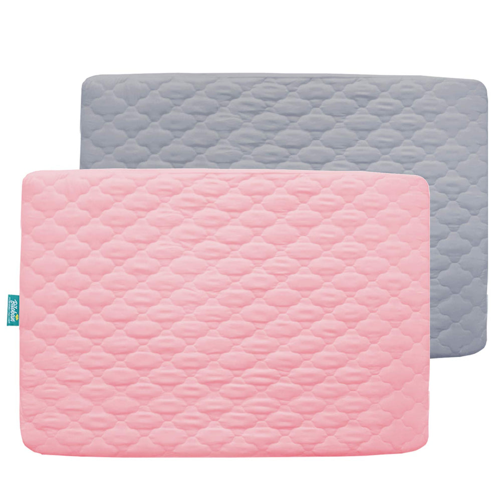 Biloban pack and play mattress protector gray-pink cover provides baby comfort during naps.