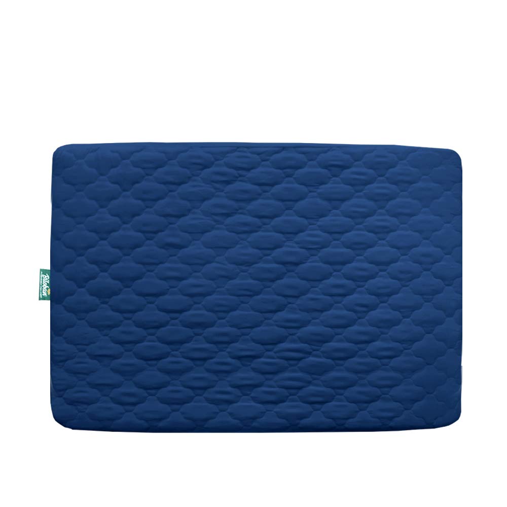 Biloban pack-and-play-mattress-protector-navy 39x27 fits securely and guards against leaks.