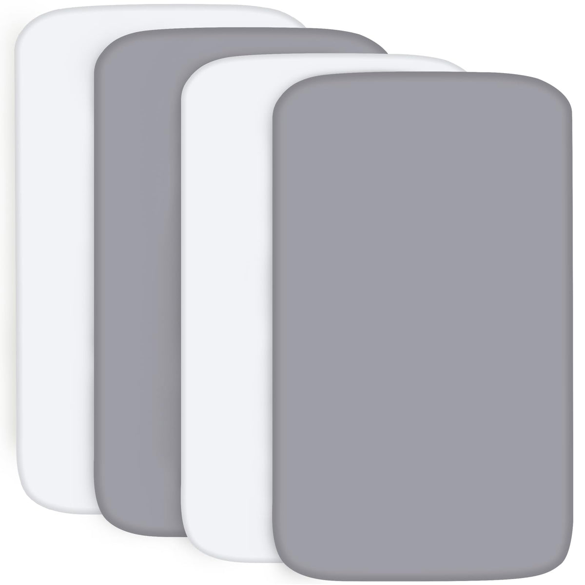 Biloban pack-and-play sheets in gray and white on a mattress provide a snug, safe surface.