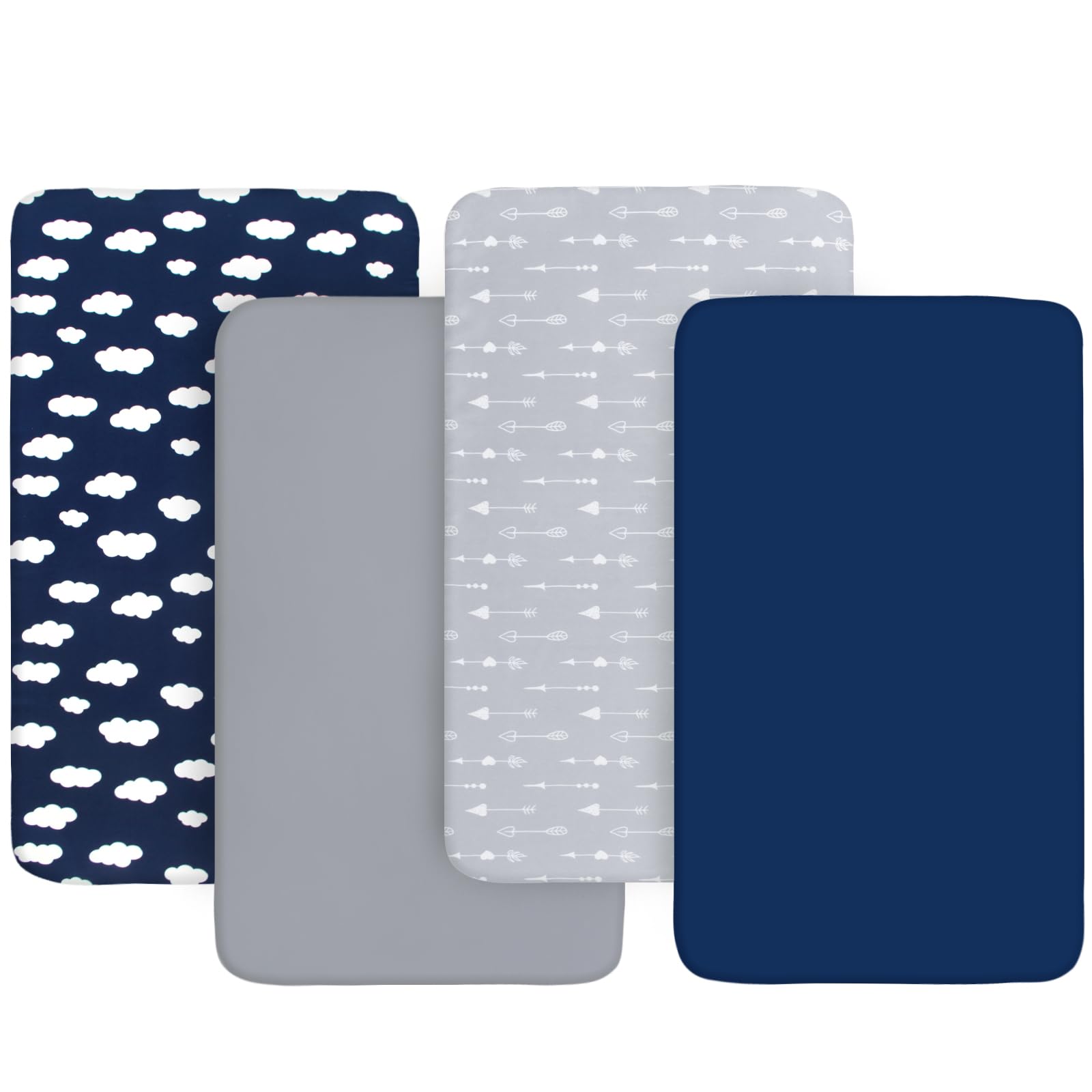 Biloban elastic-edge navy cloud sheet demonstrates snug, secure playard fit