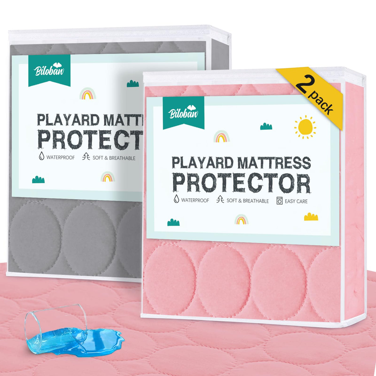Biloban Pack-n-Play mattress pad gray-pink front view for gentle skin comfort