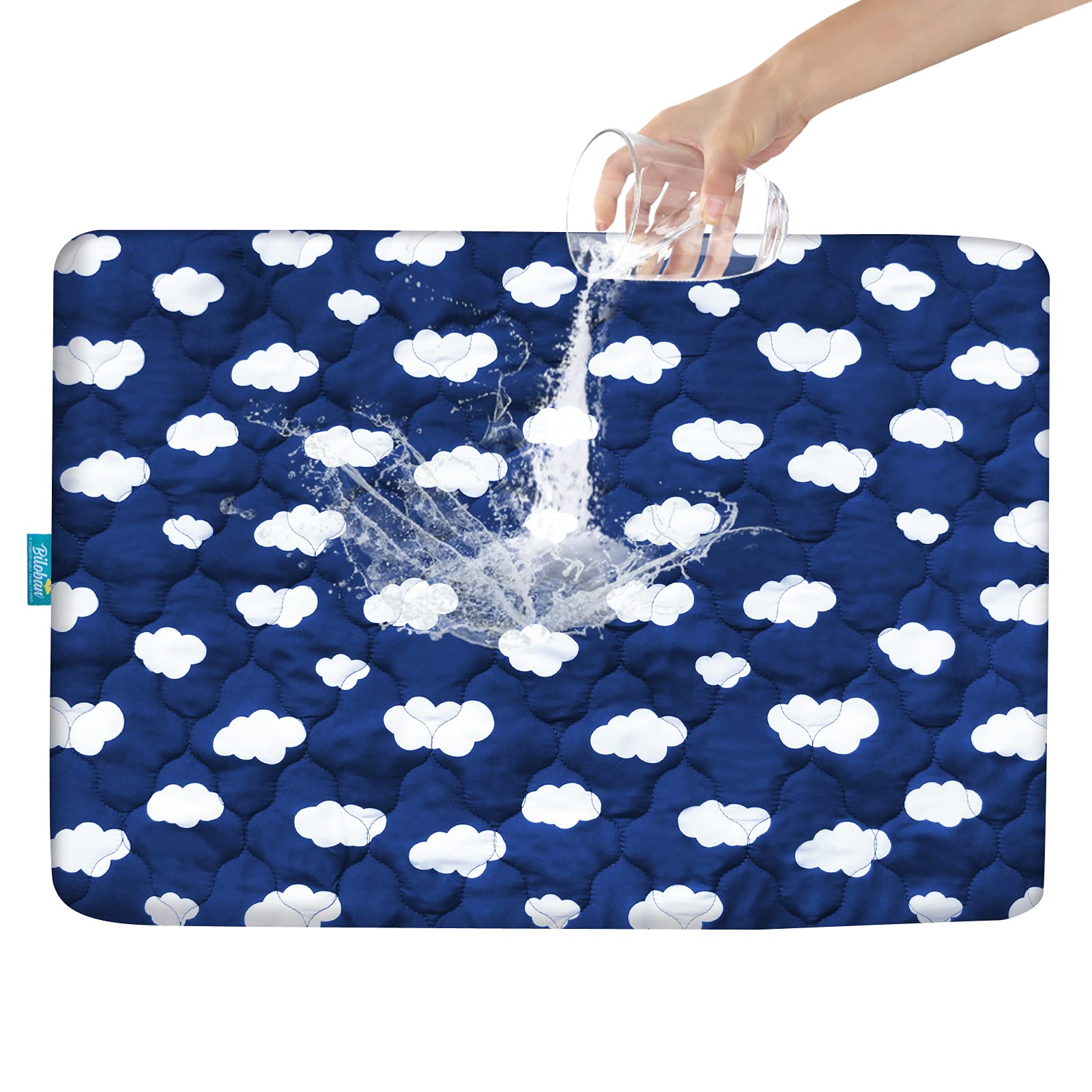 Biloban Pack N Play Mattress Protector Navy Cloud neatly folded for quick setup and playtime comfort.
