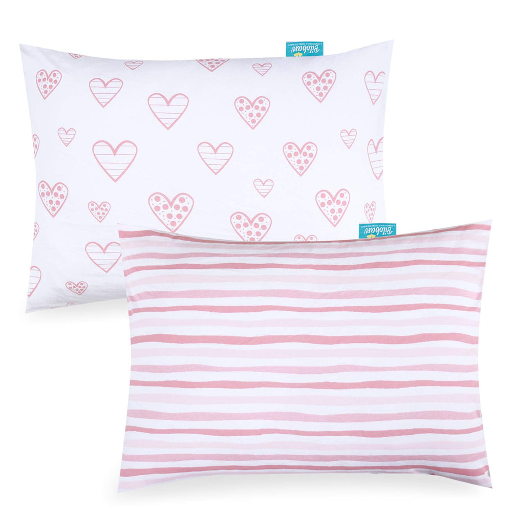 Biloban pink heart pillowcase close-up shows ultra-soft Jersey cotton for gentle sleep.