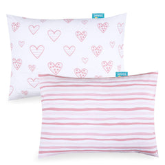 Biloban pink heart pillowcase close-up shows ultra-soft Jersey cotton for gentle sleep.