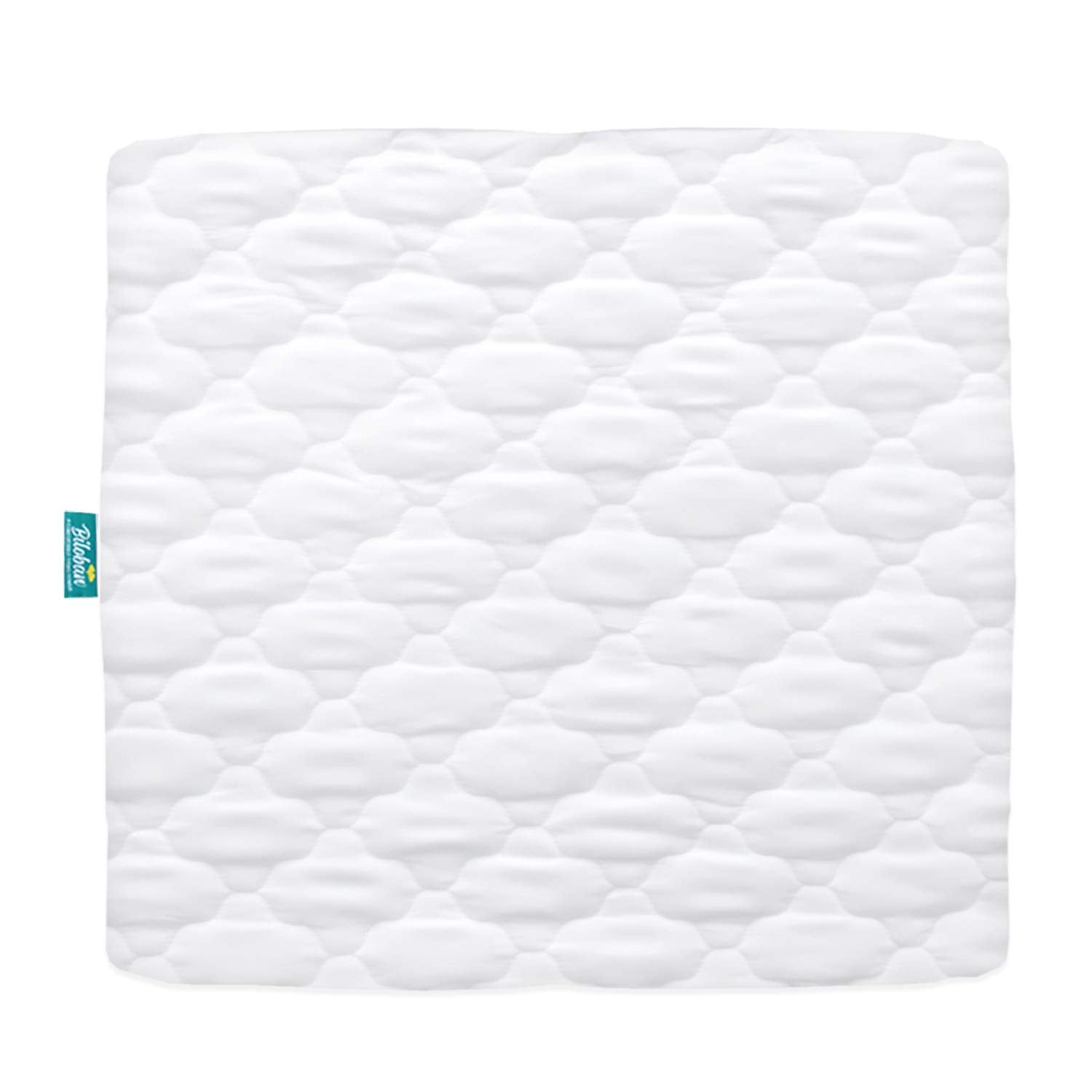 Biloban playard mattress cover square-fit closeup showing a snug secure fit for standard play yards.