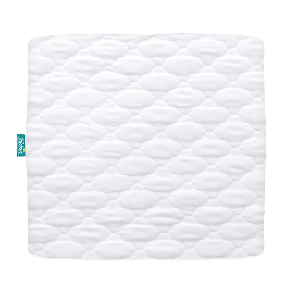 Biloban playard mattress cover square-fit closeup showing a snug secure fit for standard play yards.