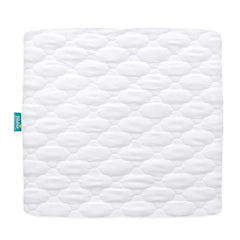 Biloban playard mattress cover square-fit closeup showing a snug secure fit for standard play yards.