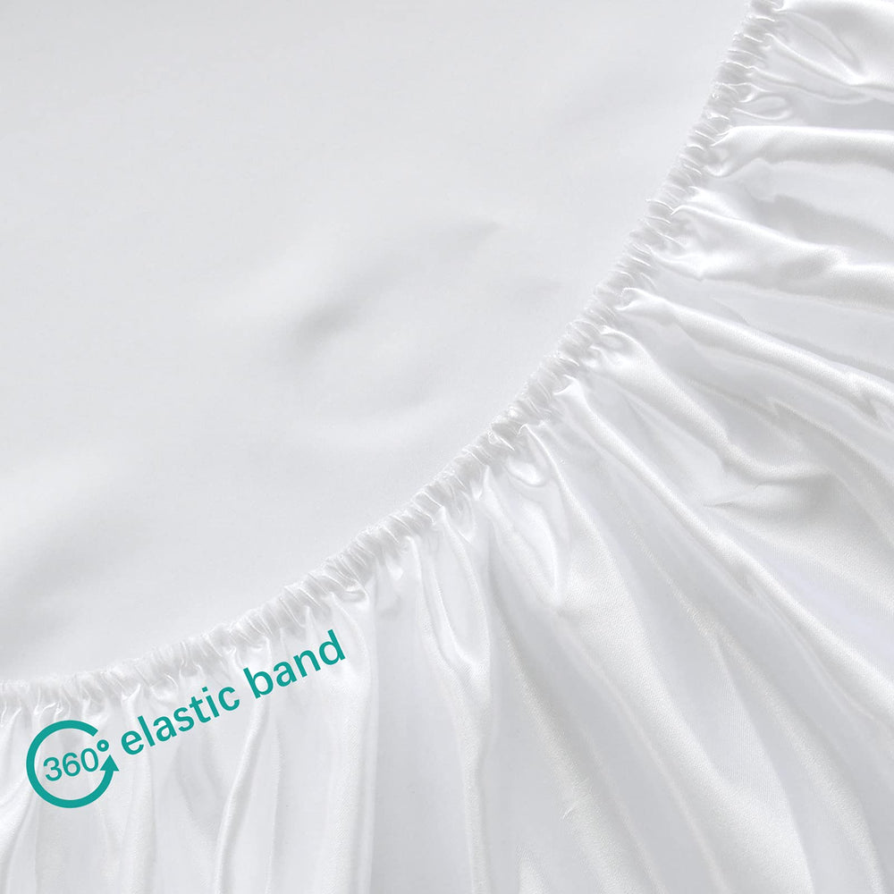 Biloban satin crib sheets on crib demonstration highlights cool, smooth surface ideal for sensitive skin.