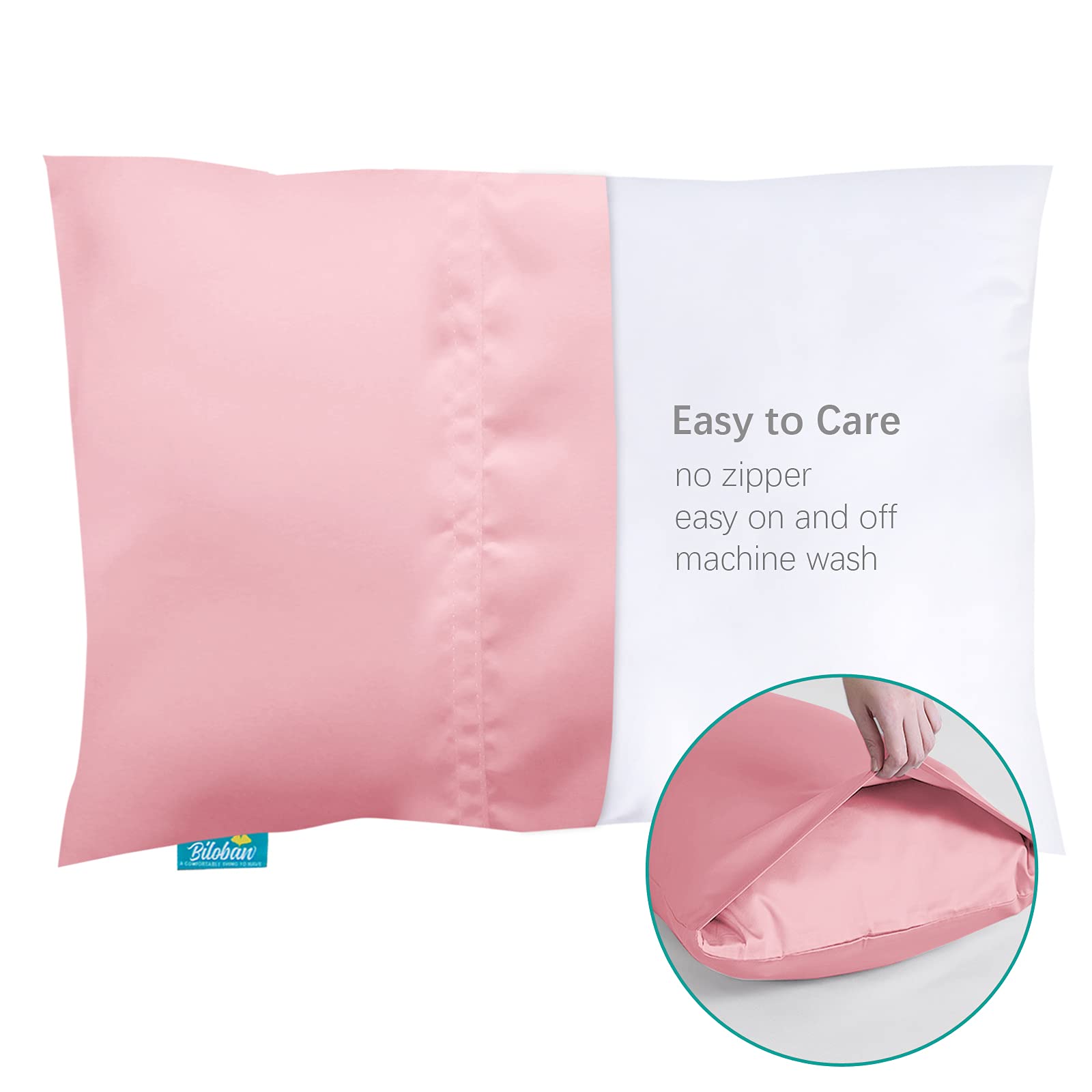 Biloban satin toddler pillowcase pink envelope-closure close-up showing easy insertion and smooth hair