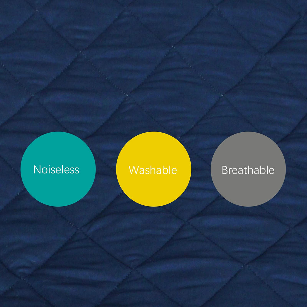 Biloban Adovel bedside crib navy sheet showing easy install and washability.