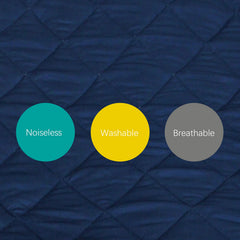 Biloban Adovel bedside crib navy sheet showing easy install and washability.