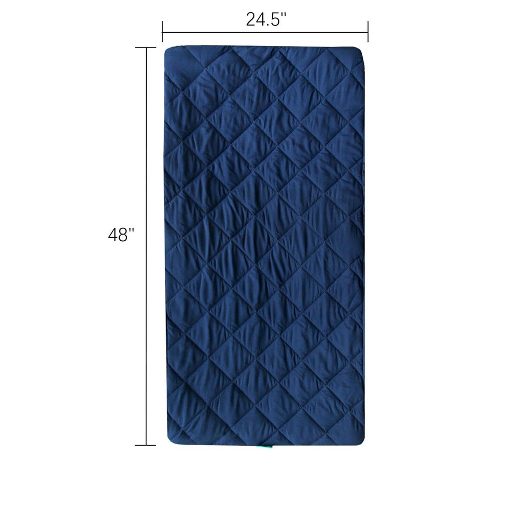 Biloban navy sheet for travel use, washer-safe and durable after cycles.