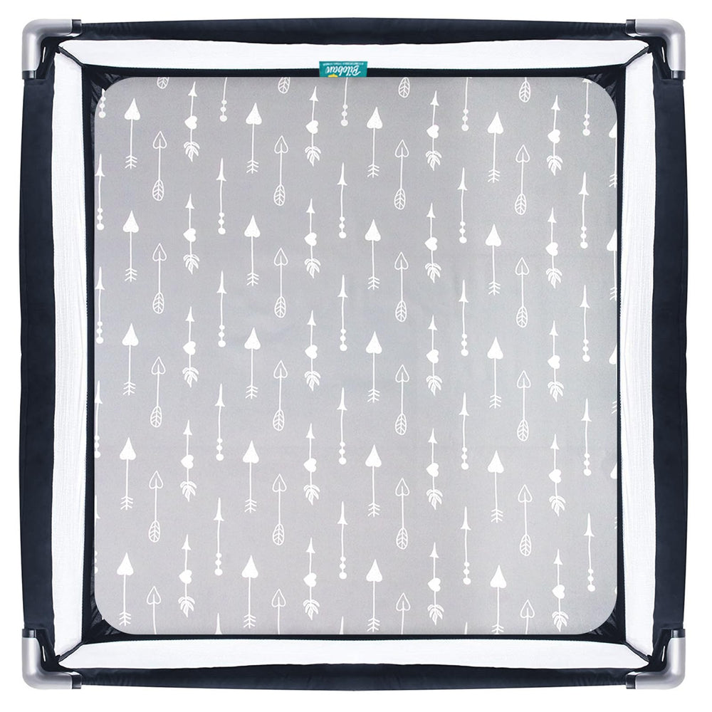 Biloban soft-touch fit on square playard mattress — snug, gentle surface