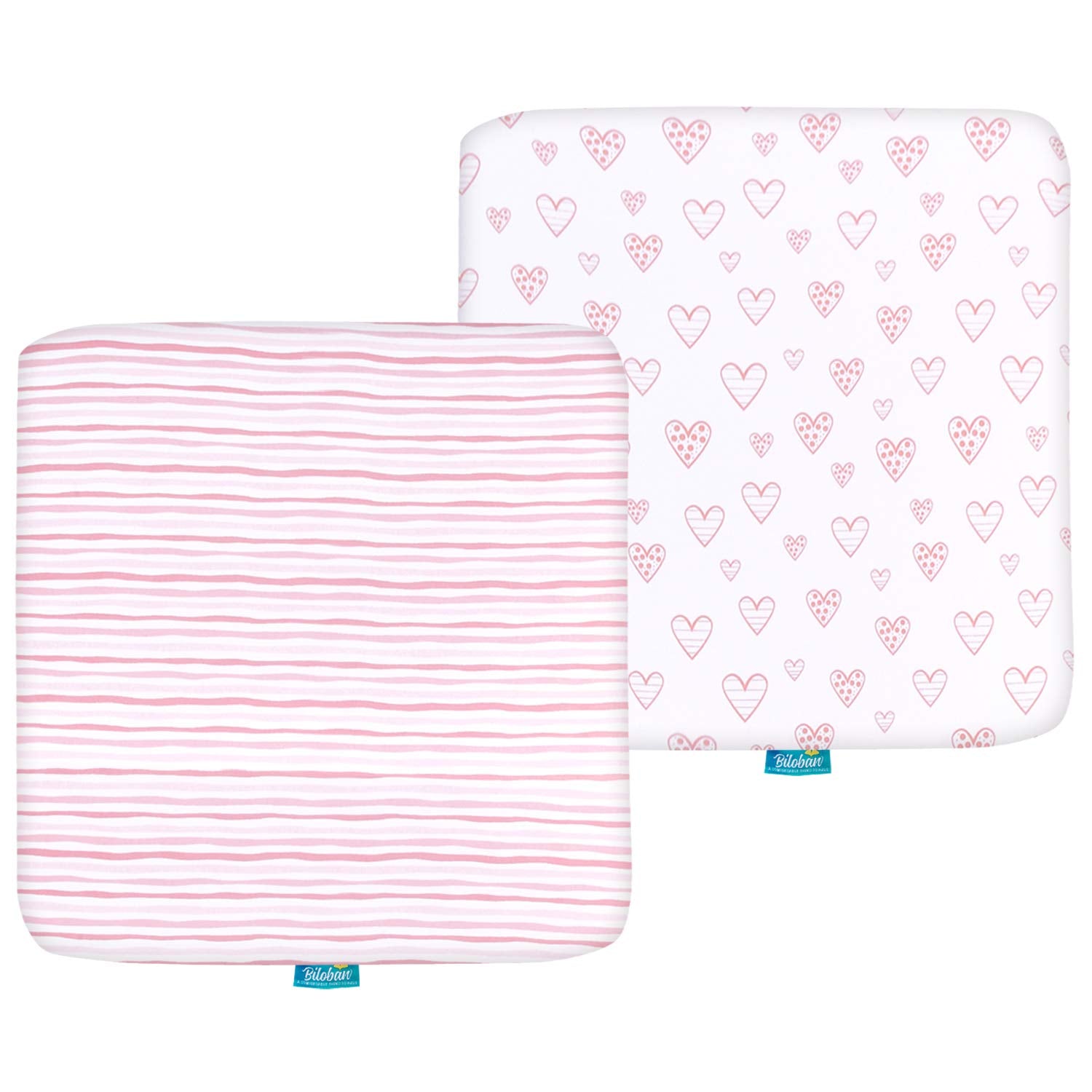 Biloban square playard sheets folded for travel, soft jersey knit for baby's comfort.