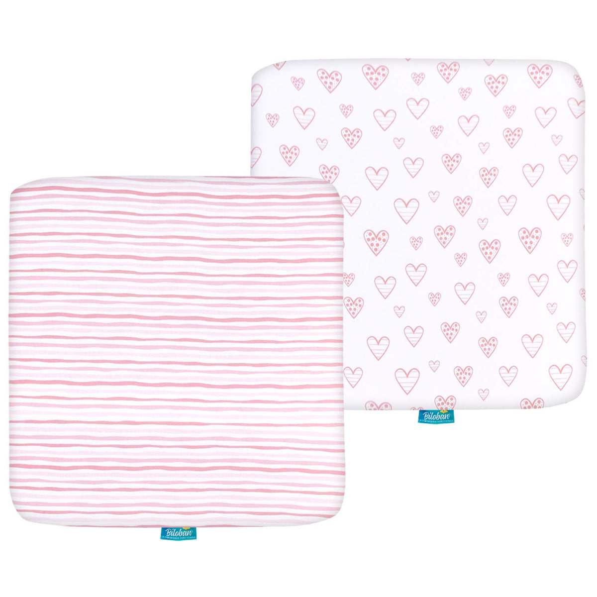 Biloban square playard sheets folded for travel, soft jersey knit for baby's comfort.
