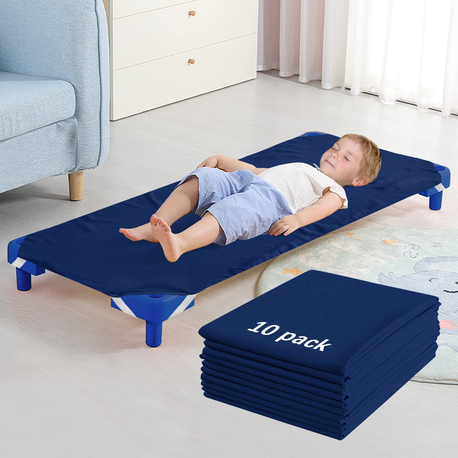 Biloban cot sheet navy 10-pack folded for quick rotation during daycare naps