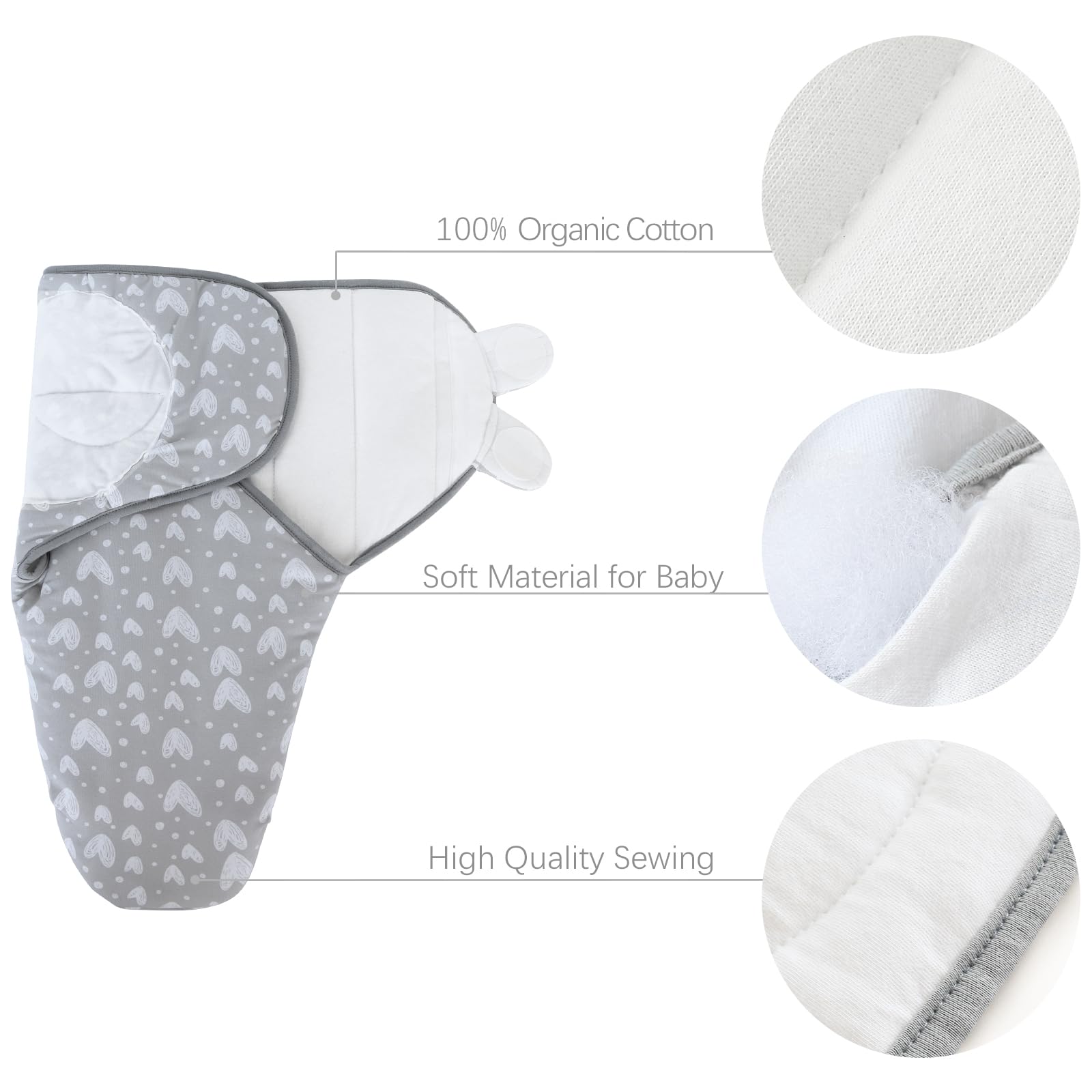 Biloban quilted swaddle with adjustable velcro tabs for secure, easy swaddling