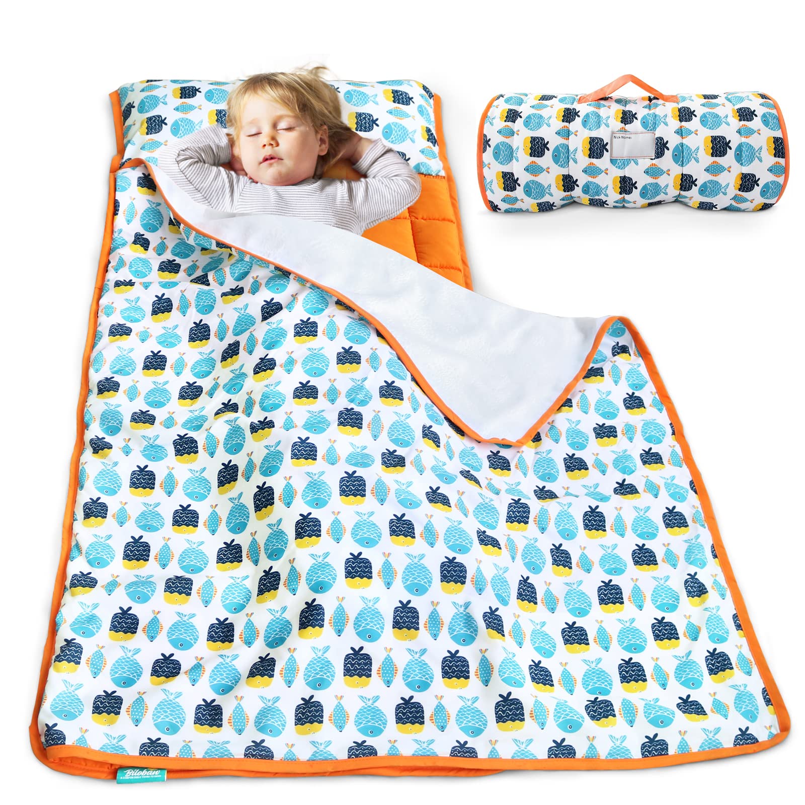 Biloban toddler nap mat with fish pattern, folded for easy transport and quick preschool rests.
