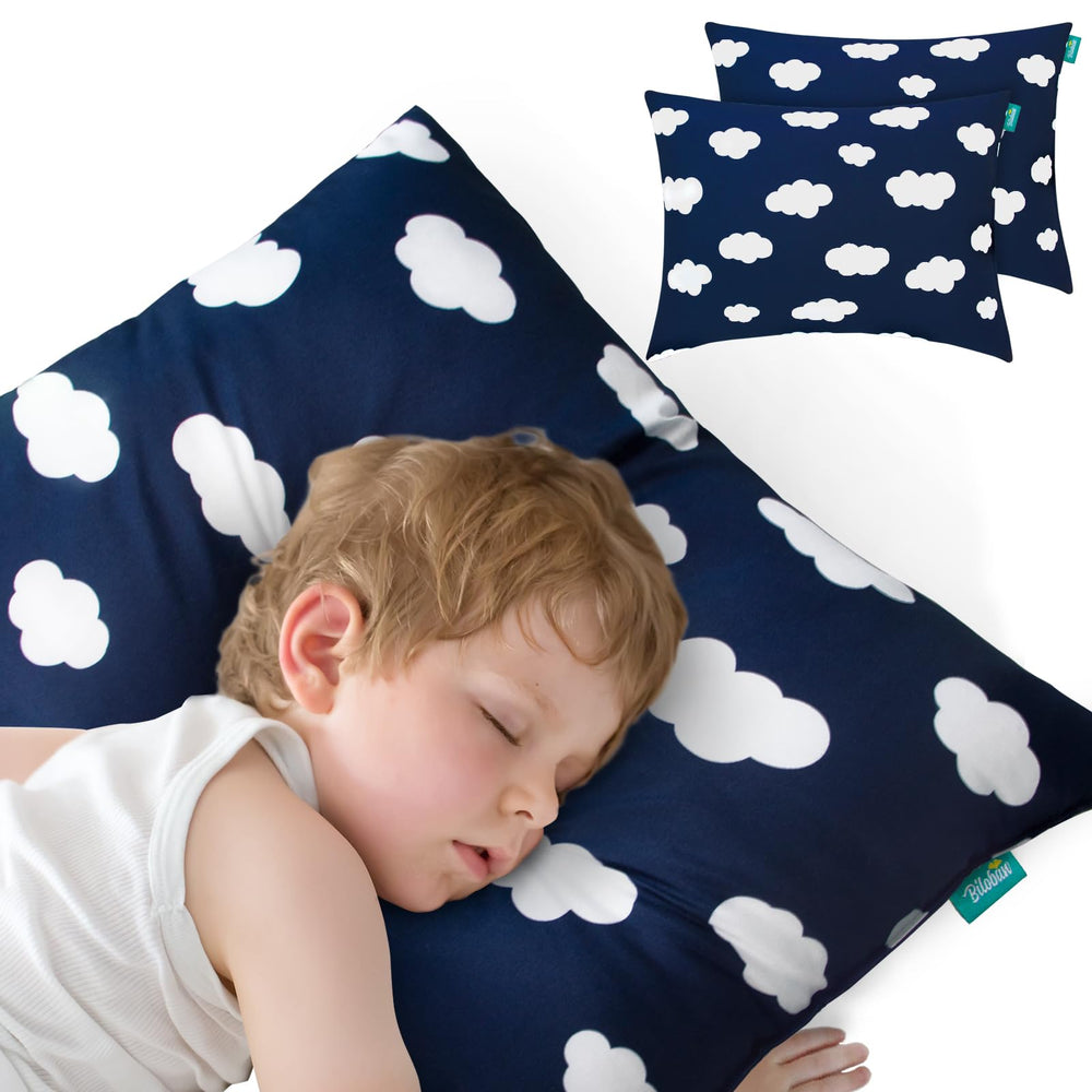 Biloban toddler pillow 14x19 on bed, compact sleep comfort for toddlers.