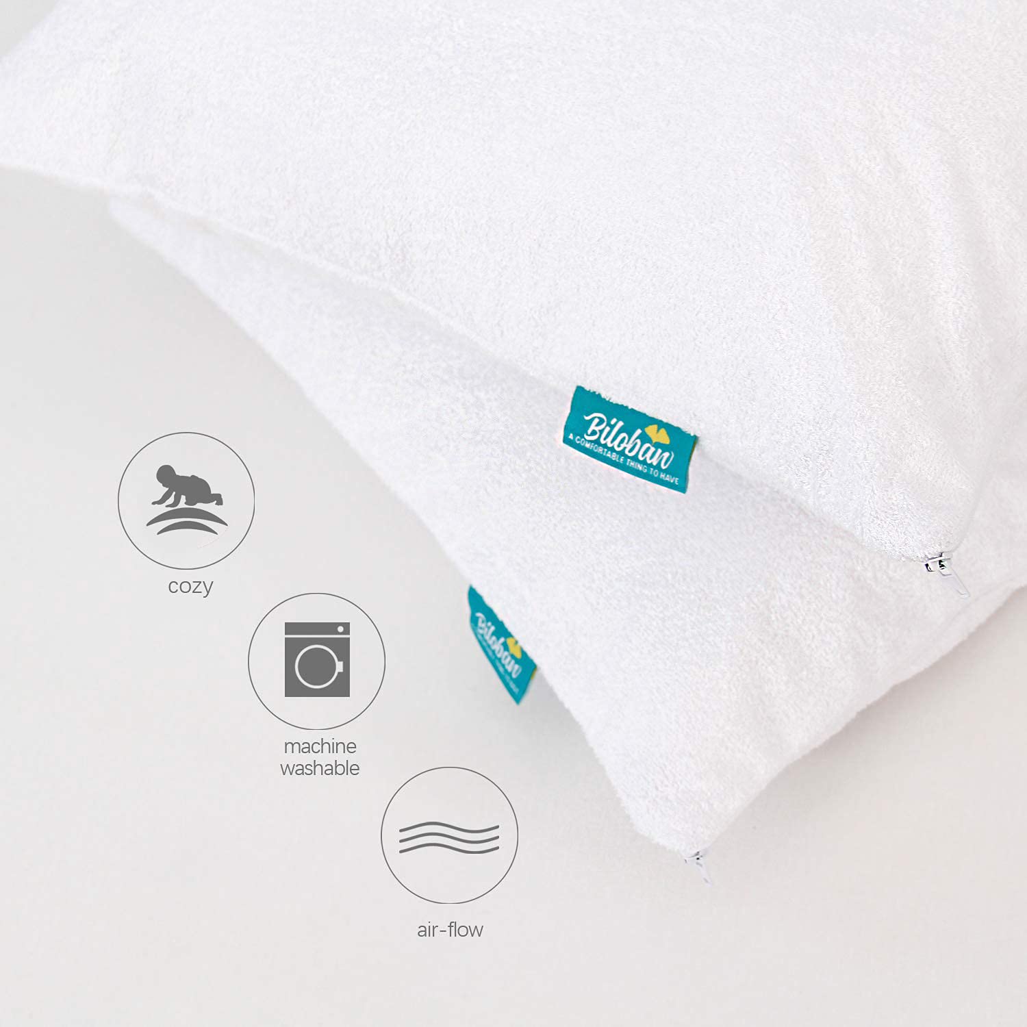 Biloban toddler pillow coverage 13x18 and 14x19 fit closeup shows versatile sizing.