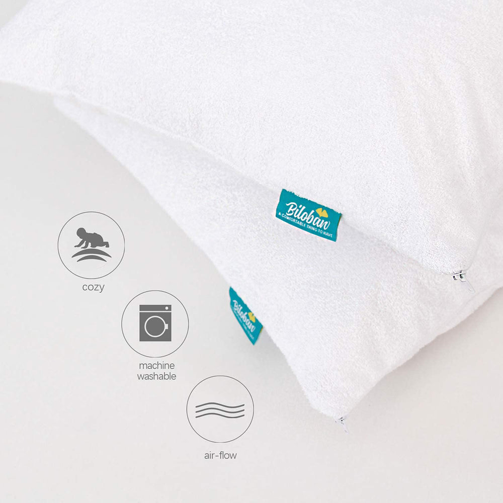 Biloban toddler pillow coverage 13x18 and 14x19 fit closeup shows versatile sizing.