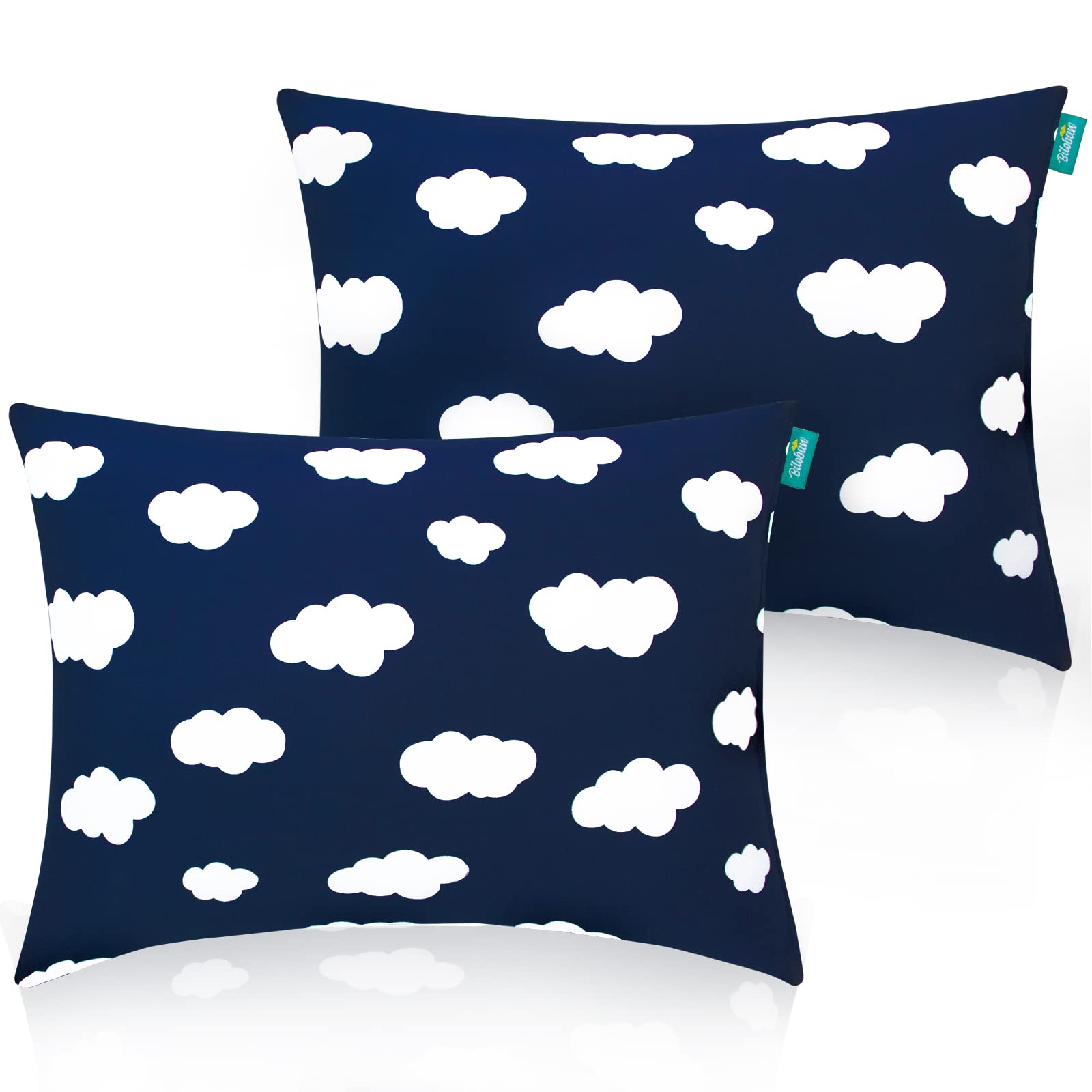 Biloban navy cloud pillow shown as travel nap pillow for kids.