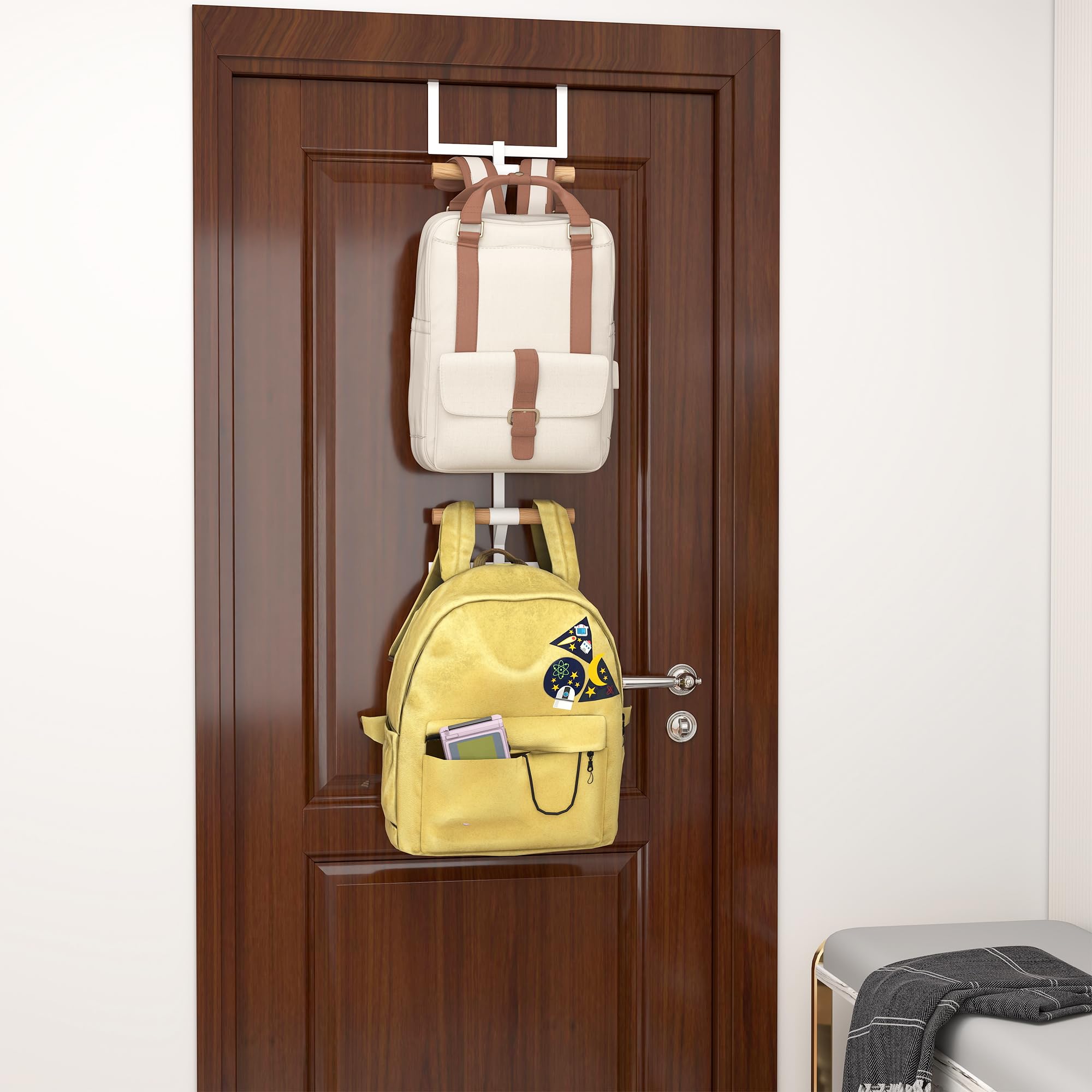 Bimiti organizer in use for bags and clothes in a bedroom or closet.