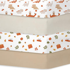 Bimocosy crib sheets in Autumn Dinos pattern on bed promote cozy breathable sleep