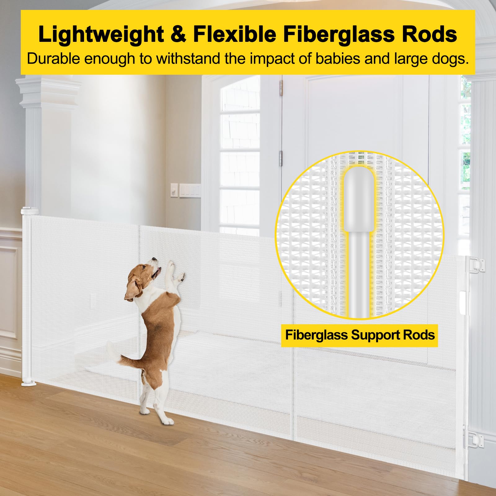 Bingguz 42-inch tall gate blocks jumping and keeps children and pets within reach.