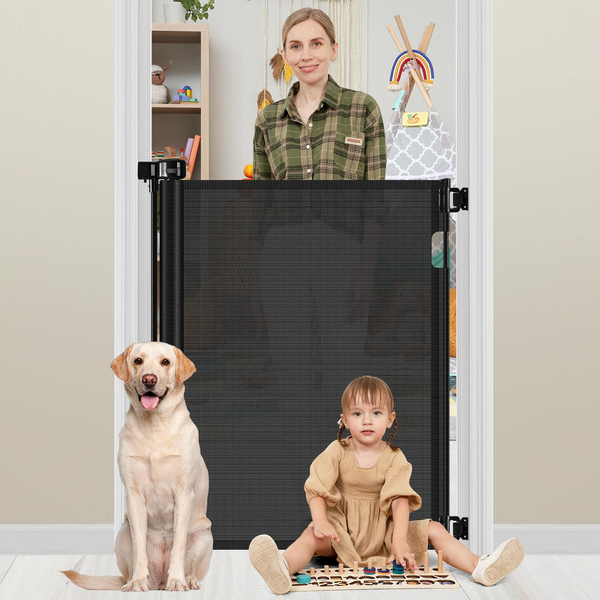 Bingguz 42-inch tall gate assembly view showing stair safety for babies.