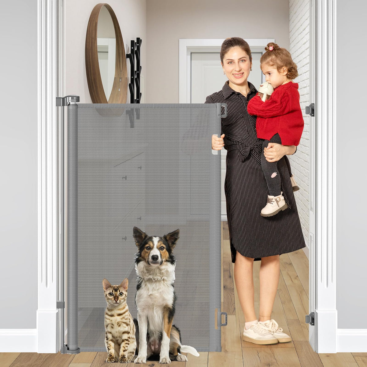 Bingguz 48-inch pet gate height demonstrates tall design to help prevent jumps during playtime