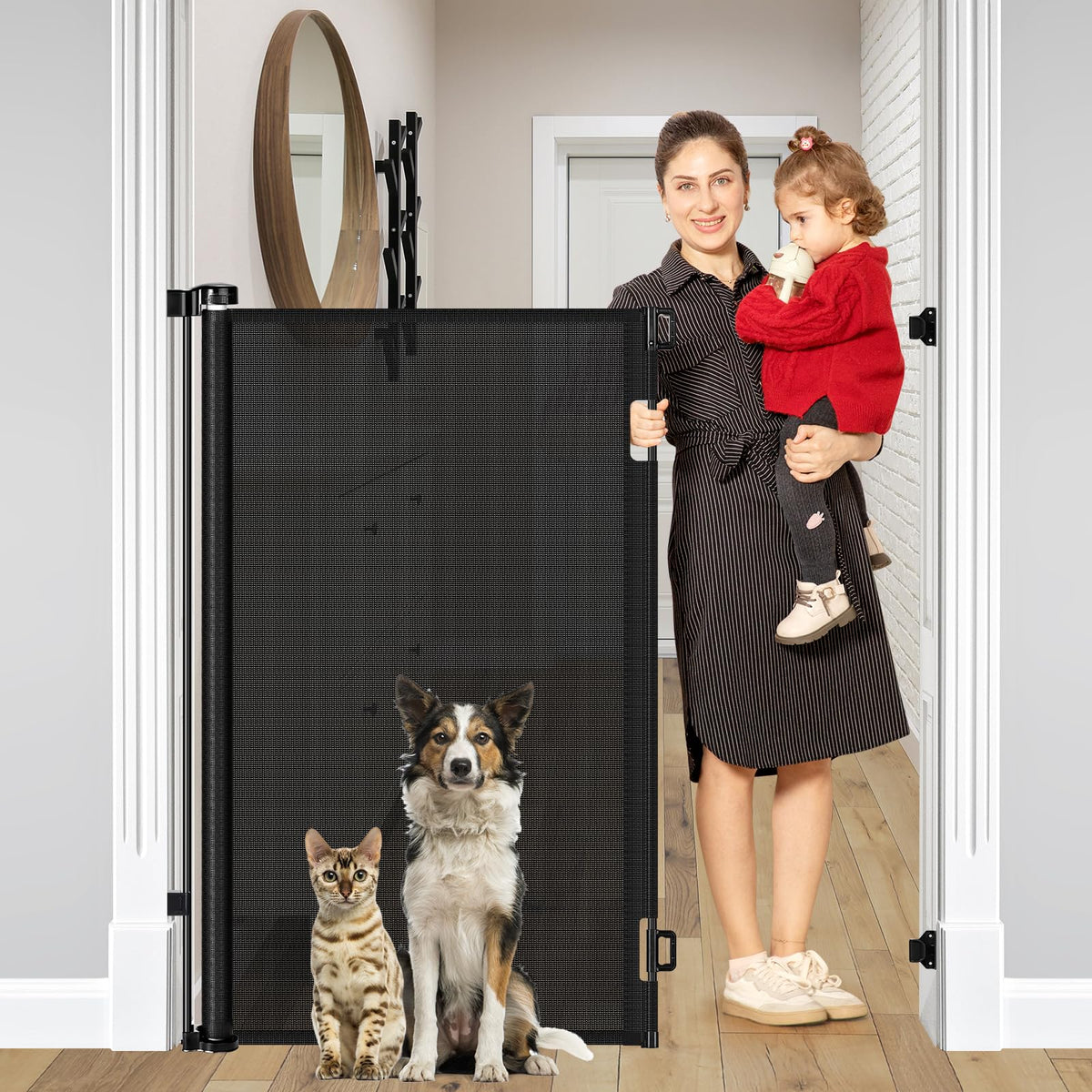 Bingguz 48-inch extra tall gate closed, creating a sturdy doorway barrier.