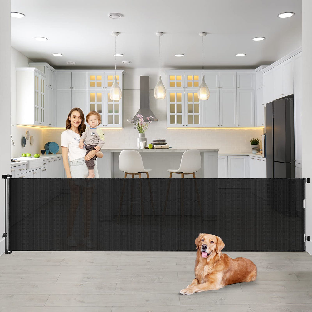 Bingguz 90-inch retractable gate extended across a doorway safely.
