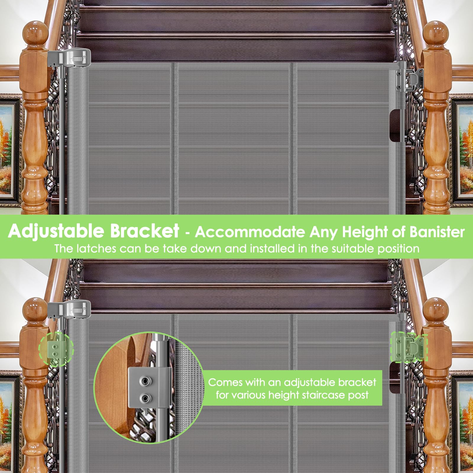 Bingguz bottom sliding bracket adjusts to different stair heights and skirting boards.