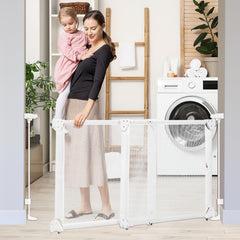 Bingguz No Bottom Bar Baby Gate at stairs offers safe passage for kids and pets.