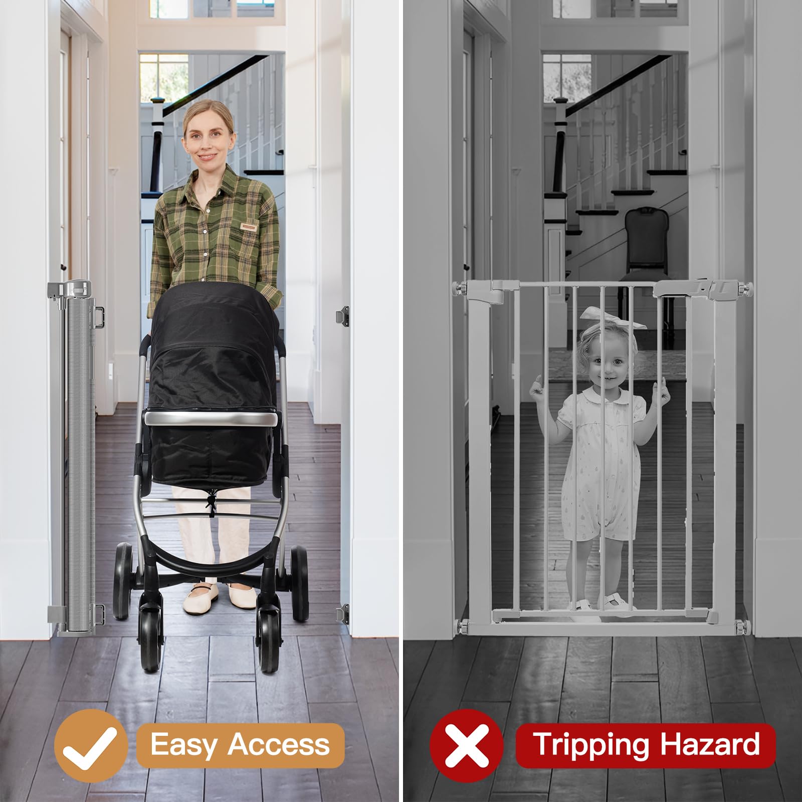 Bingguz gate demonstrates one-hand operation for easy passage with a child in arms.