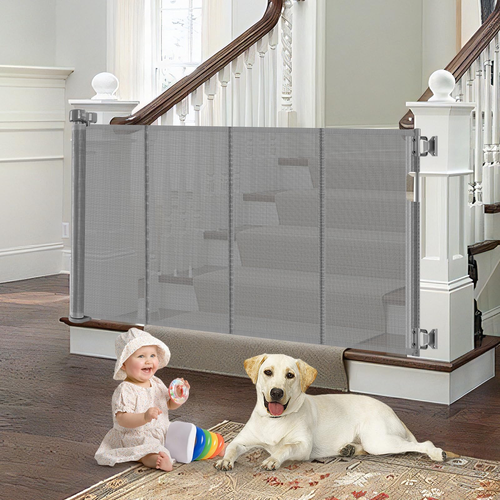 Bingguz reinforced retractable gate for stairs in extended 55in mode, safe child and pet boundary.