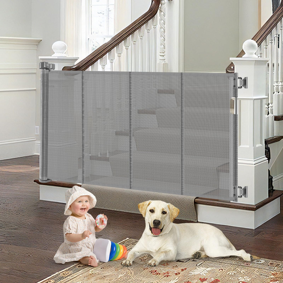 Bingguz reinforced retractable gate for stairs in extended 55in mode, safe child and pet boundary.
