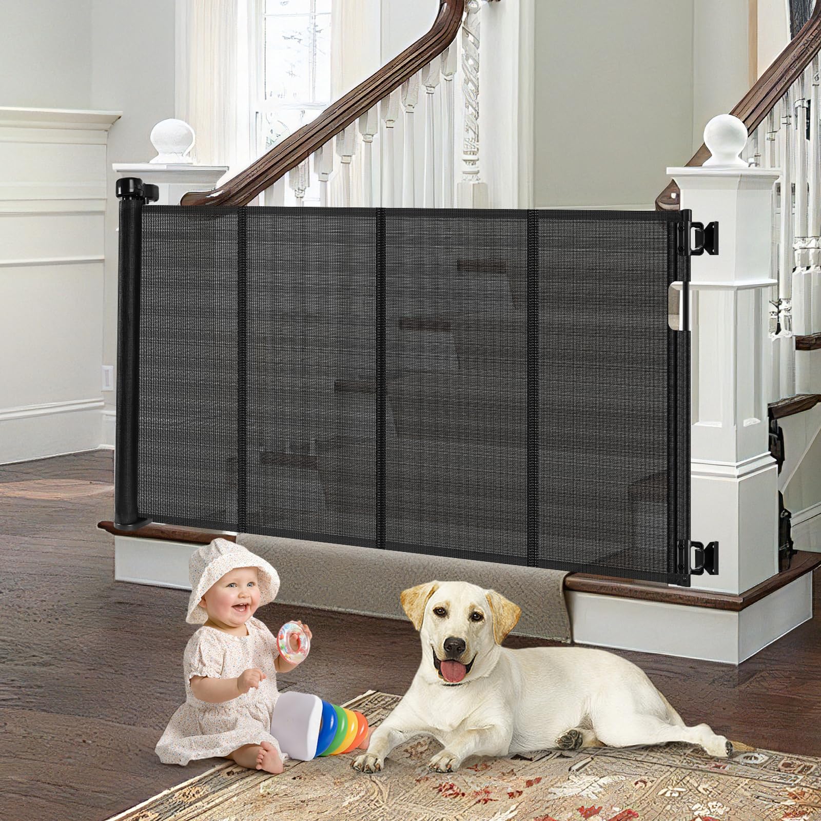 Bingguz reinforced retractable gate on stairs, 33-inch height for stair safety